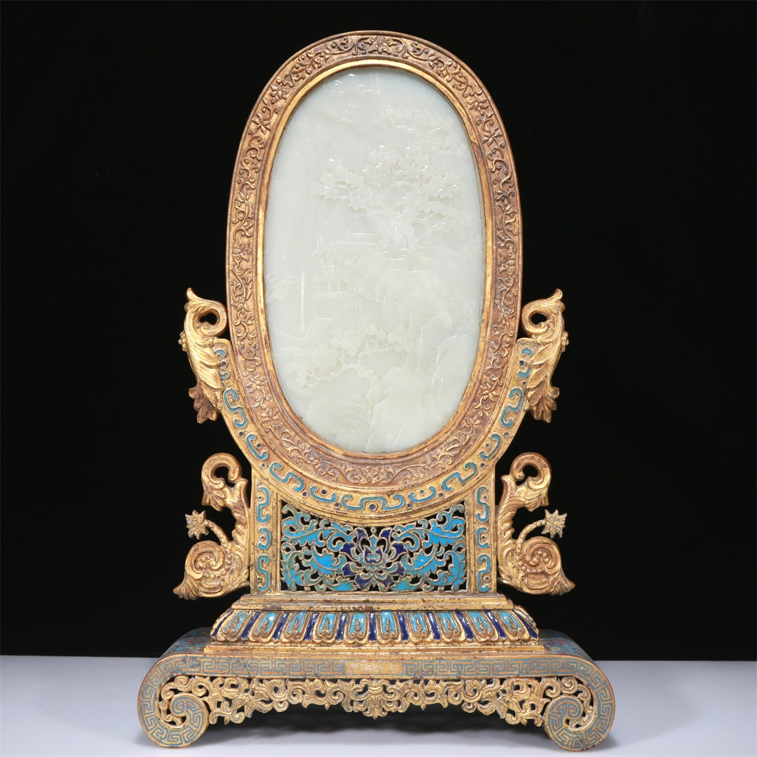 An Exquisite Imperial Cloisonne White Jade-Inlaid 'Landscape' Table Screen With Imperial Poem Inscri (1 of 14)