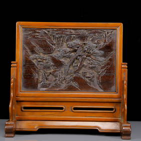 An Exquisite Boxwood Inlaid Zitanwood Character and Story Pattern Table Screen,with poem (1 of 10)