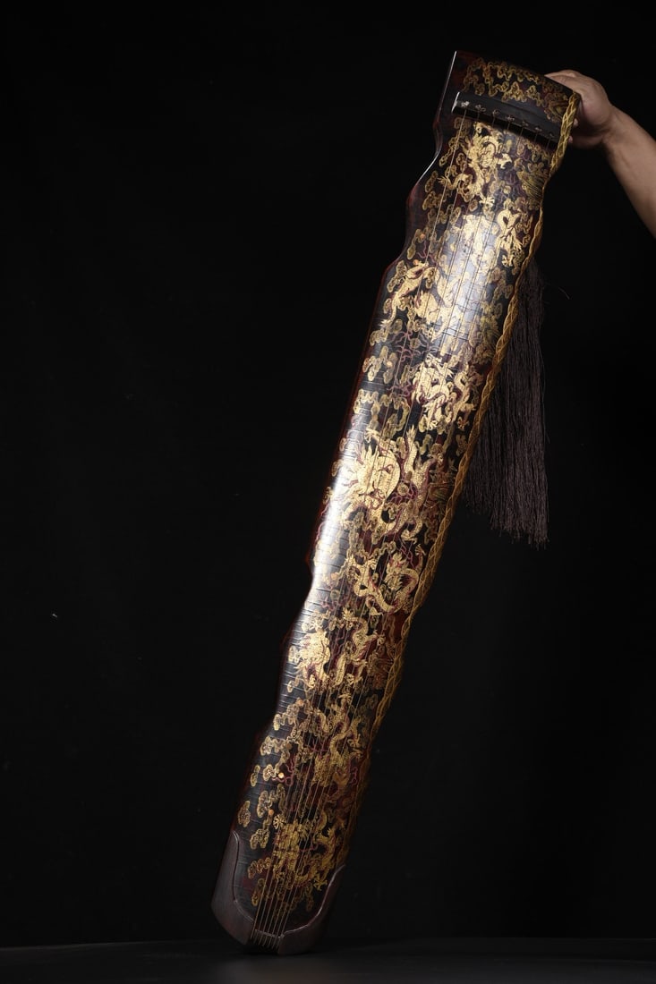 A Rare Wooden Lacquer Painted Gold Dragon Pattern Gu Qin (1 of 9)