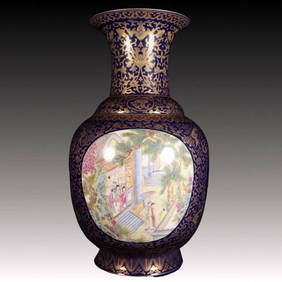 A Huge Ji Blue Glazed Famille-Rose Painted Gold Figure Pattern Vase (1 of 9)