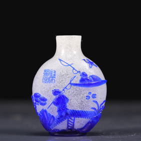 A Fantastic Blue Overlay Snowflake Glass 'Landscape& Figure' Snuff Bottle (1 of 7)