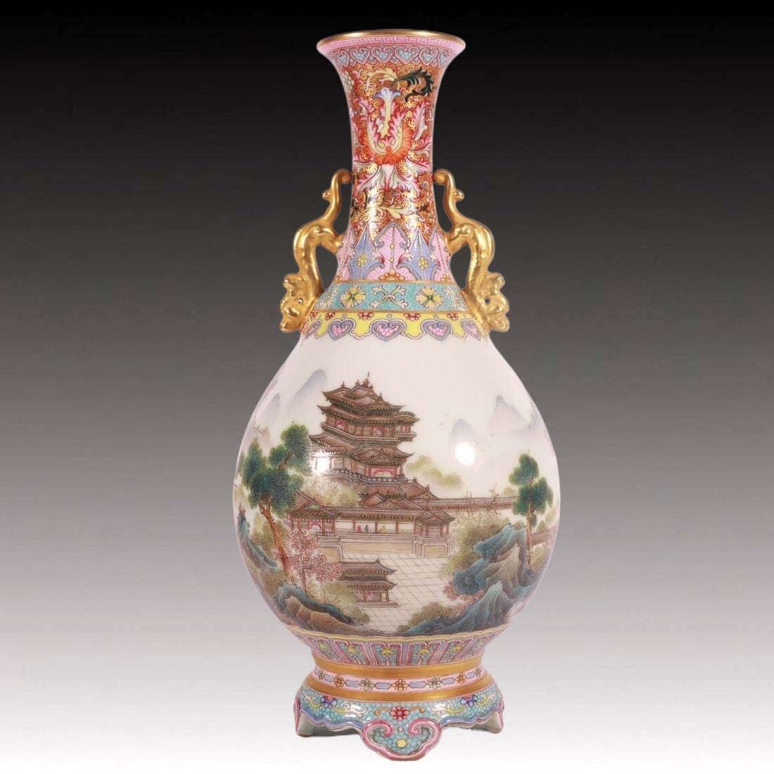 An Exquisite Famille-Rose Landscape Pattern Double-Ears Vase,with poem (1 of 8)