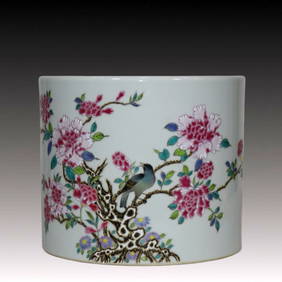 An Exquisite Famille-Rose Flower and Bird Pattern Brush Pot (1 of 9)