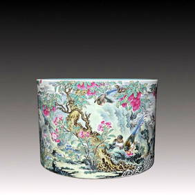 An Exquisite Famille-Rose Flower and Bird Pattern Brush Pot (1 of 9)
