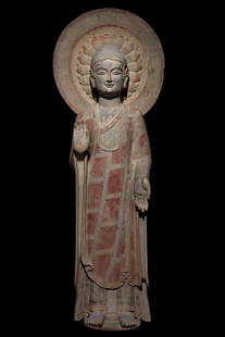 A Fine Limestone carving Painted Color Outline in gold Buddha statue : A Fine Limestone carving Painted Color Outline in gold Buddha statue Beichao Dynasty, China Size:135cm&#21271;&#26397; &#36148;&#37329;&#24425;&#32472;&#20315;&#36896;&#20687;