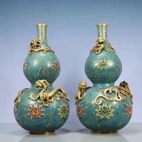 A Exquisite A pair of Cloisonne Dragon Pattern Lotus Pattern Gourd-Shaped Vase (1 of 16)