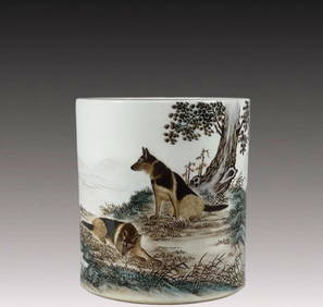 An Exquisite Famille-Rose Dogs Pattern Brush Pot (1 of 9)