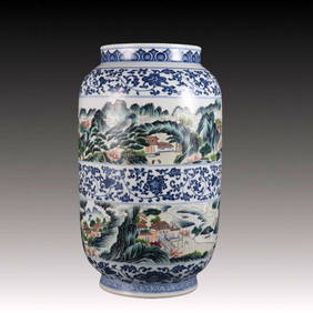 A Rare Blue and White Famille-Rose Landscape and Figure Pattern Vase (1 of 9)
