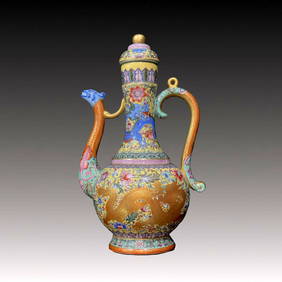An Exquisite Yellow Ground Famille-Rose Painted Gold Flower and Dragon Pattern Ewer (1 of 9)