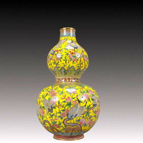 A Rare Painted Enamel Crane and Peach Pattern Gourd-Shaped Vase (1 of 11)