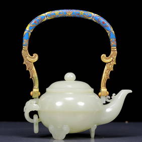 An Exquisite Greenish Jade Tripod Ewer with Gilt Bronze Handle (1 of 15)