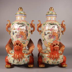 A Exquisite Enamel Outline in gold Lotus Pattern Character and Story Pattern Double-Ears Vase (1 of 9)