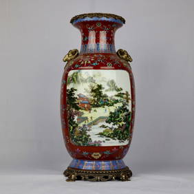 A Exquisite Famille-Rose Inlaid Coppery Landscape and Figure Pattern Lotus Pattern Double-Ears Vase (1 of 9)