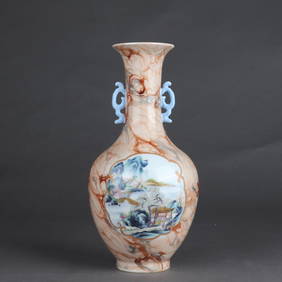 An Exquisite Stone patterned glazed Famille-Rose Landscape and Figure Pattern Double-Ears Vase (1 of 9)