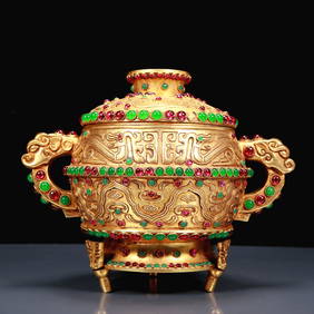 An Exquisite Gilt Bronze Inlaid Gems Double-Ears and Tripod Censer (1 of 12)