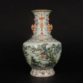 A Rare Famille-Rose Landscape and Figure Pattern Double-Ears Vase (1 of 9)