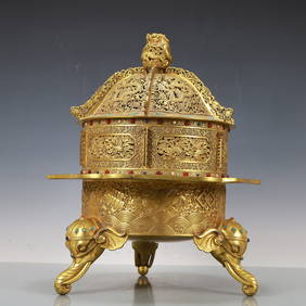 A Exquisite Gilt Bronze Lotus Pattern Dragon Pattern Crane Pattern Bats and Peach Pattern Seawater (1 of 12)