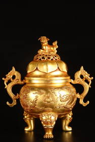 An Exquisite Gilt Bronze Dragon and Phoenix Pattern Double-Ears and Tripod Censer (1 of 9)