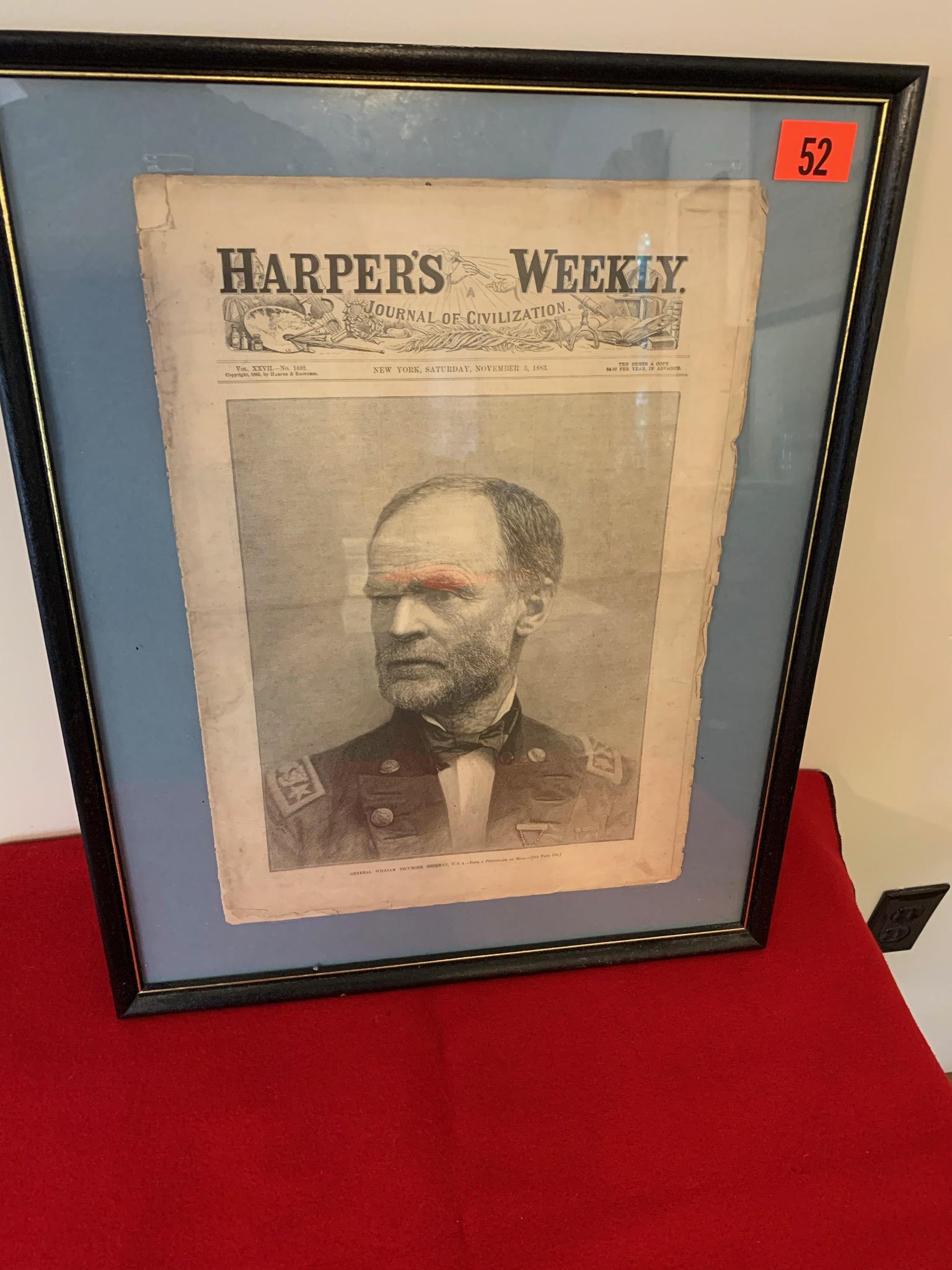 Civil War Era Harpers Journal: Cover (+ copy pages) of Harpers Weekly Journal of Civilization New York dated Nov. 3, 1883. General William Tecumsela Sherman