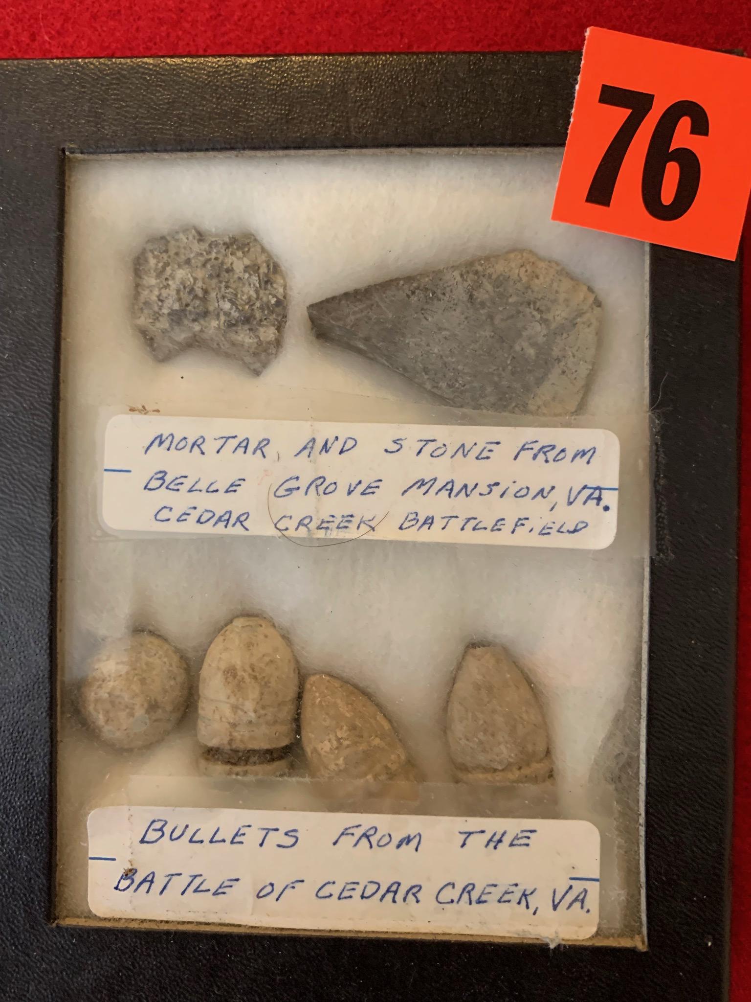 Civil War Era Relic: Mortar & Stone from Belle Grove Mansion Va. Cedar Creek Battlefield, Bullets from the Battle of Cedar Creek Va.
