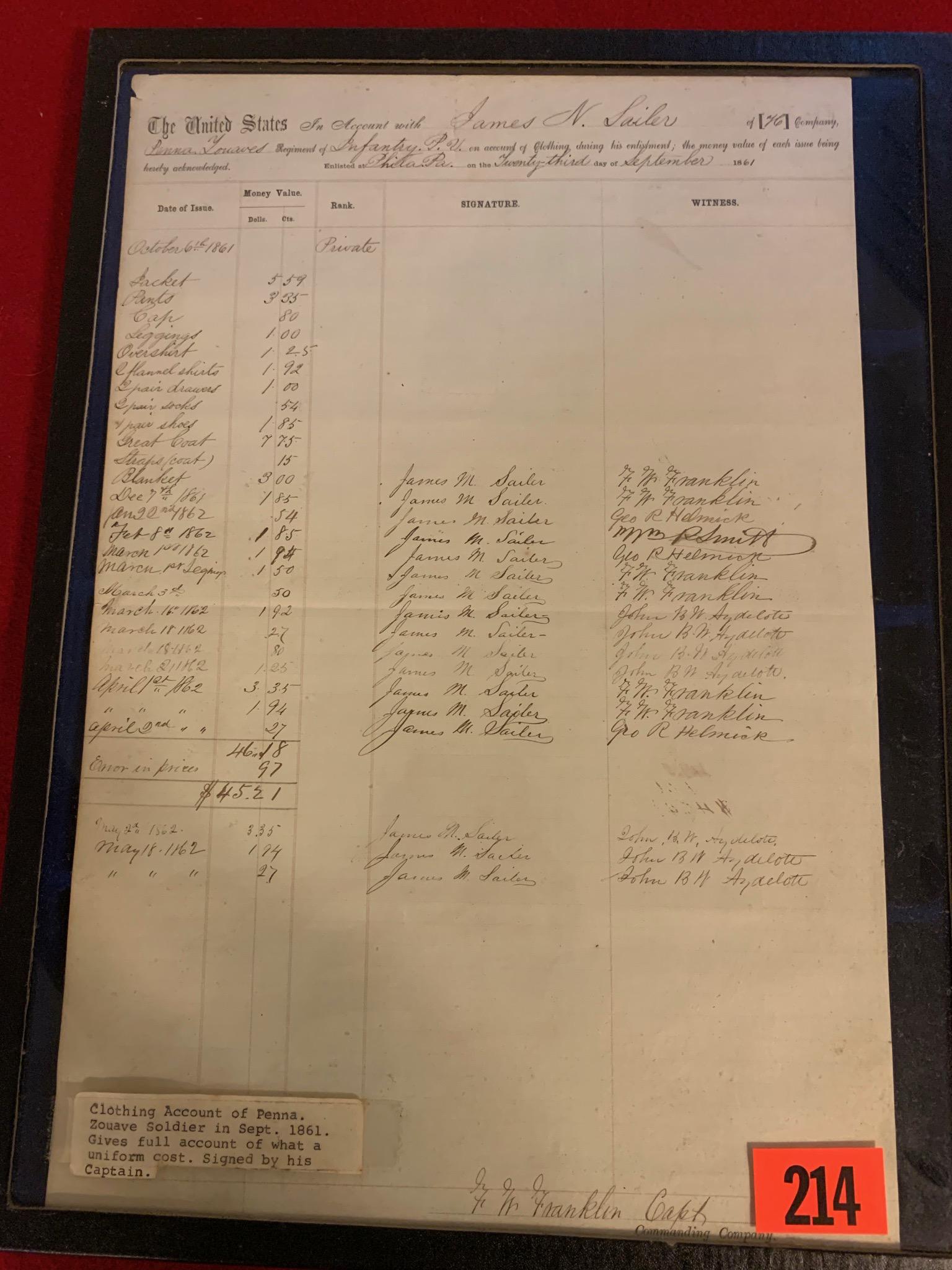 Civil War Era Relic: Civil War Clothing account of Soldiers Uniform Cost daqte Sept. 23, 1861