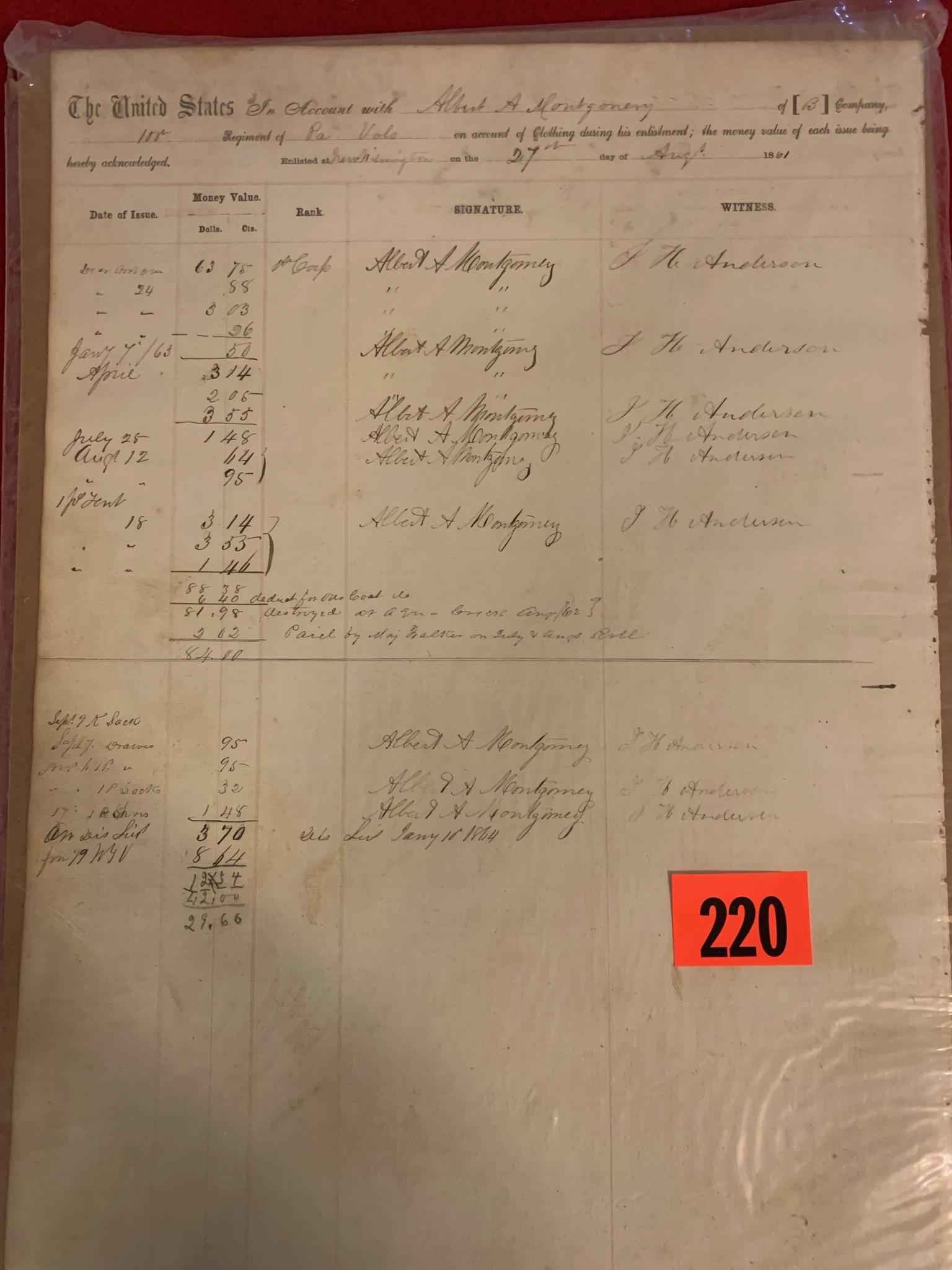 Civil War Era Relic: Civil war Clothing Account of Soldiers Uniform dated August 1862
