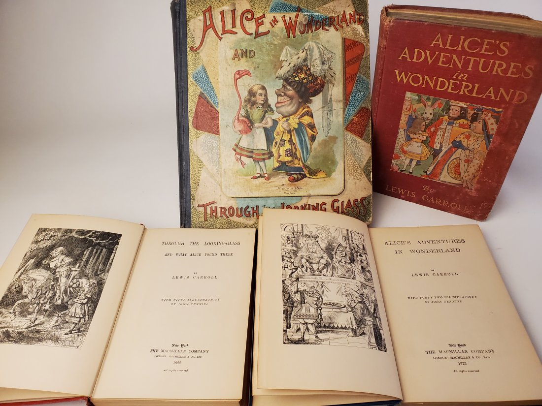 4 illustrated volumes by Lewis Carroll: 4 illustrated volumes by Lewis Carroll. Includes 1922 Through the Looking Glass Macmillan Co, 1923 Alice's Adventures in Wonderland Macmillan Co, Alice's Adventures in Wonderland Frederick A Stokes co