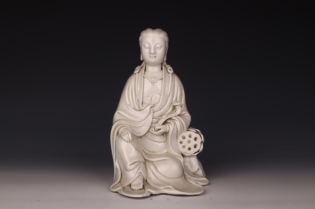 Dehua White Porcelain of Ruyi Samantabhadra Bodhisattva, 20th Century: China, 20th century Dimensions: 9" (22.86cm) H Dehua white porcelain Samantabhadra Buddhist statue with lotus root. Provenance: Hong Kong family collection in Toronto 來源：香&