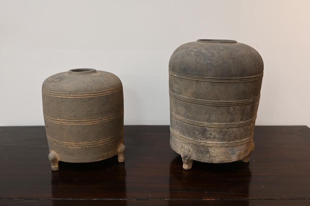 2 Archaistic Incised Pottery Granary Jars, Han Dynasty (1 of 3)