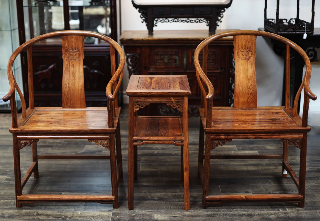 Pair of Huanghuali Carved Armchairs TOGETHER WITH A Side Table (1 of 8)