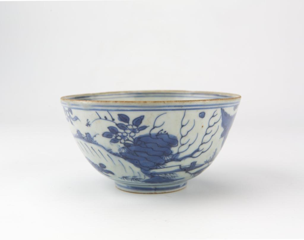 Blue White Deer Bowl, Ming Dynasty, Wanli Period, ca 1600: China, Ming dynasty, Wanli period, ca 1600 Dimensions: 2 1/2" (6.4cm) H, 5" (12.7cm) Dia Blue-and-white cup decorated with landscape of deer and birds on the exterior, the center of interior decorated