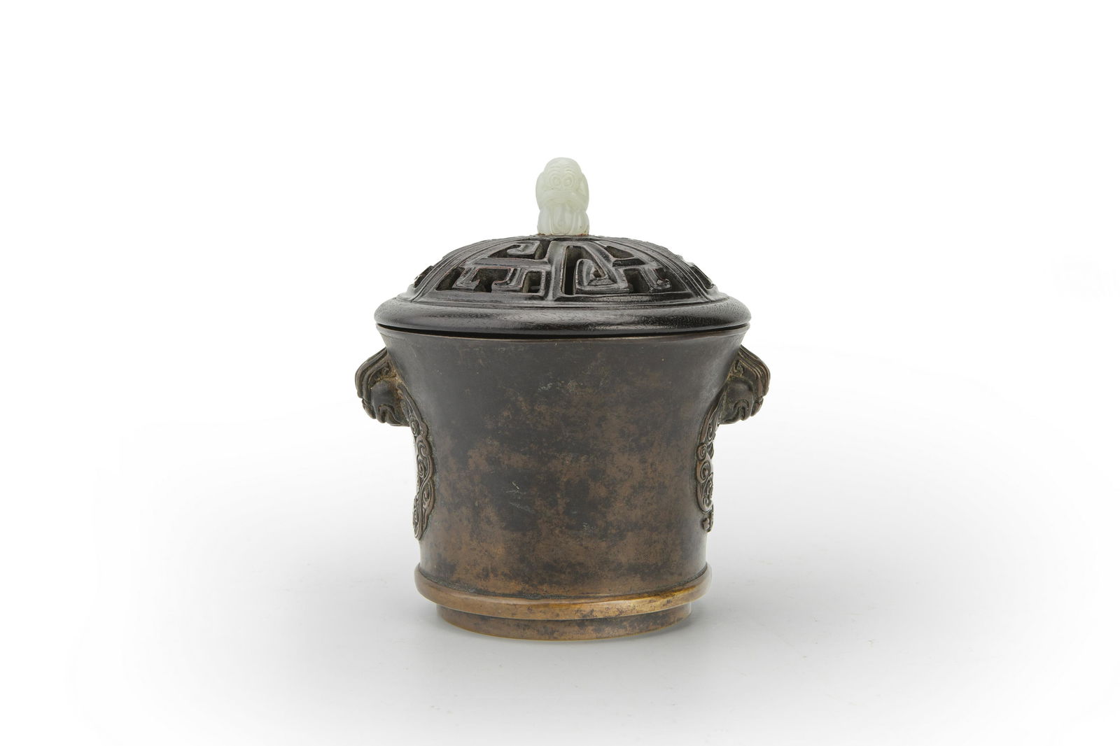 Ming Style Bronze Beaker Censer with Qilin and Lingzhi Handles and Cover, Xuande Mark, Qing Dynasty, (1 of 20)