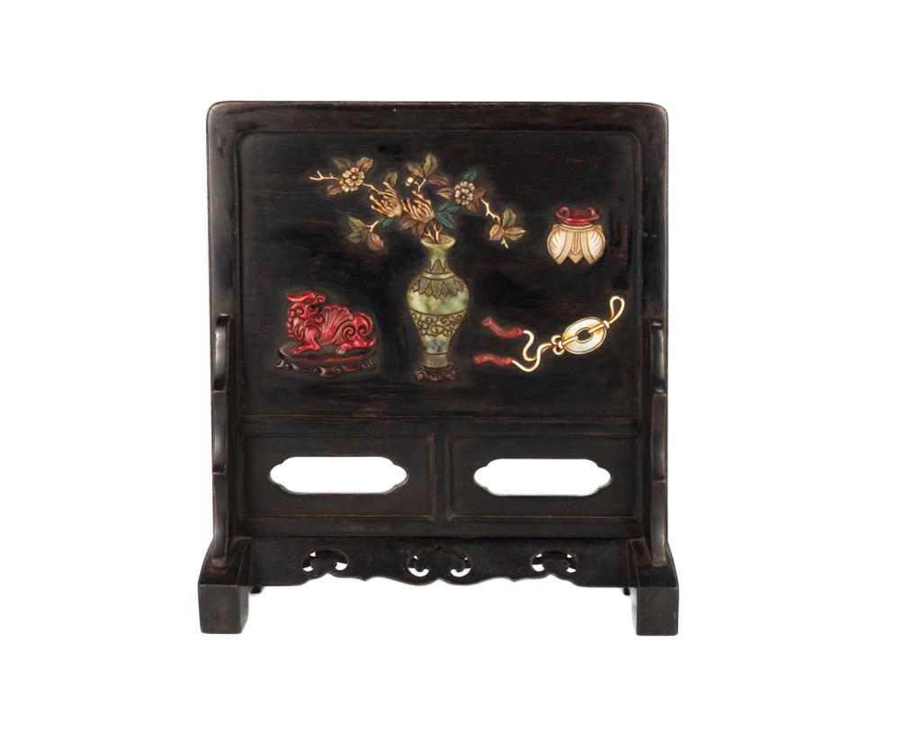 Carved Celadon Jade Inset and Hardstone Embellished Hardwood Table Screen (1 of 4)