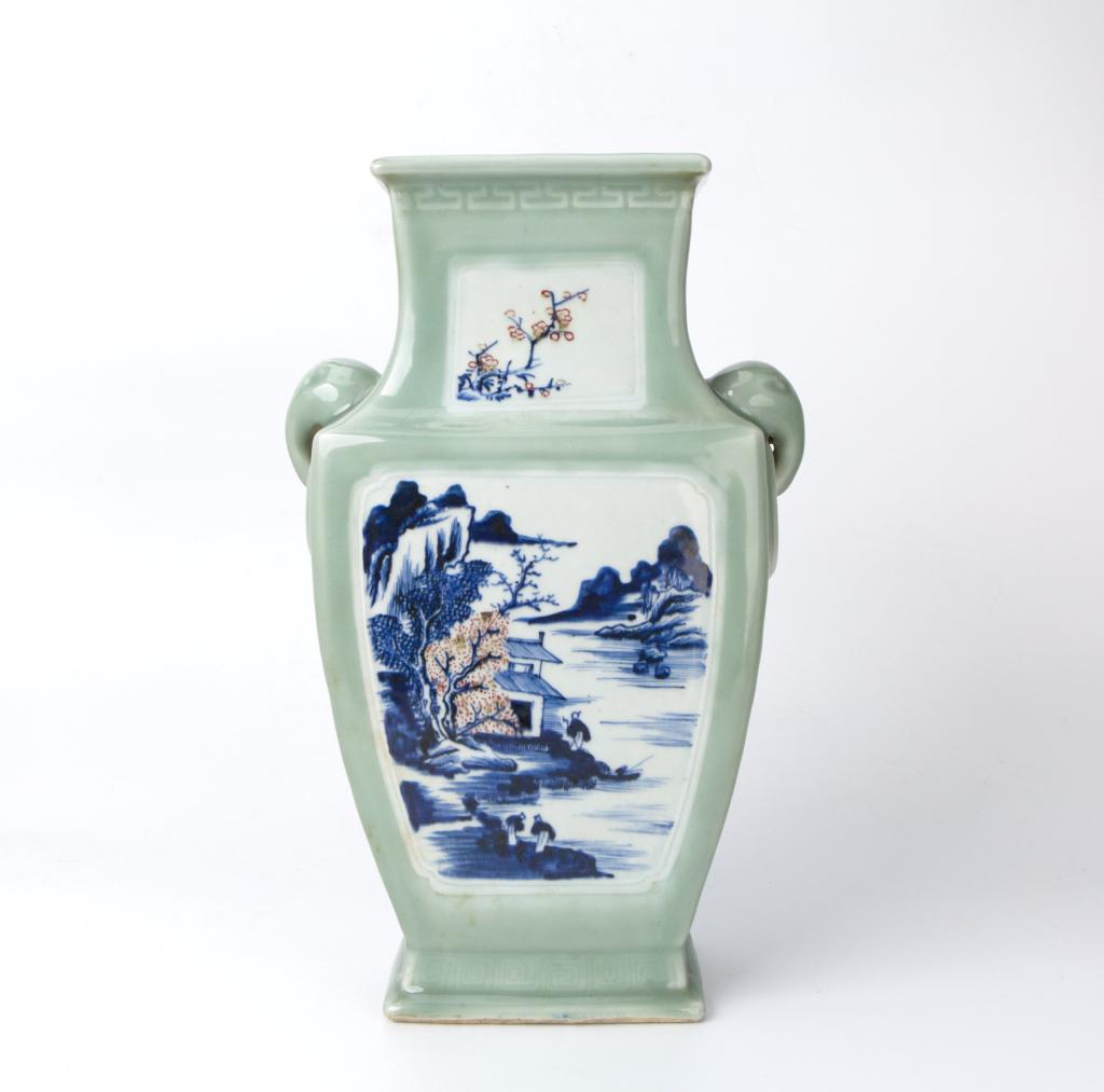 Celadon Glazed Blue White Fanghu Vase with Elephant-Handles: China Dimensions: 14 1/4" (36cm) H Celadon-glazed fanghu vase decorated with a landscape scene in blue and white and copper-red glaze, with a pair of ring handles in the shape of an elephant's head at