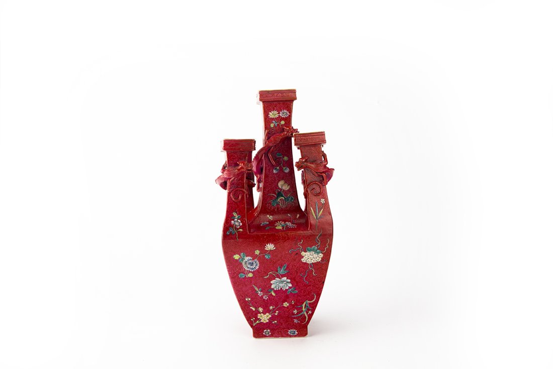 Famille Rose Red Glazed Chilong Floral Five-Tube Vase, Yongzheng Mark (1 of 16)