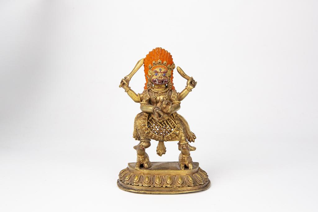 Polychrome Gilt Bronze Image of Marici, Nepal: Nepal Dimensions: 7" (17.8cm) H Polychrome gilt bronze statue of standing Marici. 尼泊尔 铜鎏金加彩佛像 PLEASE NOTE THIS LOT IS TO BE OFFERE