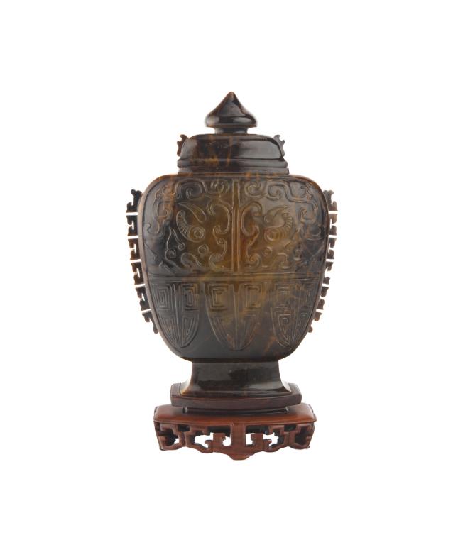 Tiger's Eye Stone Carved Archaistic Covered Vase (1 of 6)