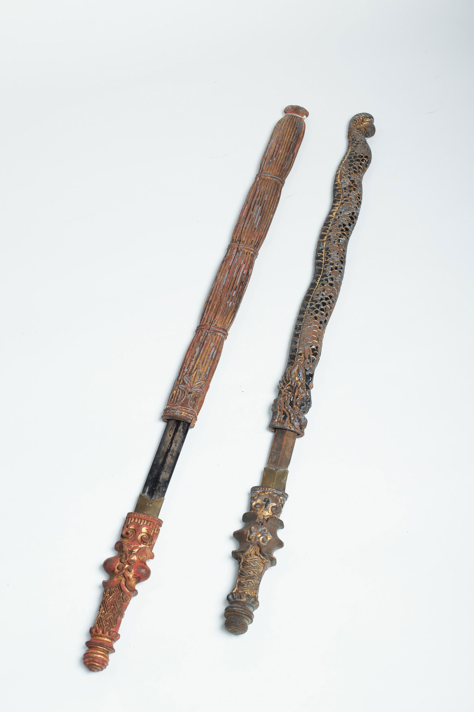 Very Rare set 2 x Buddhist Lacquered Wood Ritual Swords - jian, Qing Dynasty 18-19 th c (1 of 11)