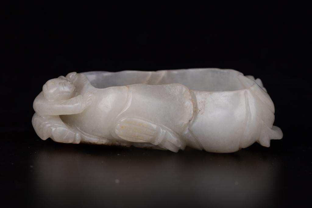 White Jade Lotus Shaped Brush Washer with Carved Leaves and Boy, Qing Dynasty (1 of 7)