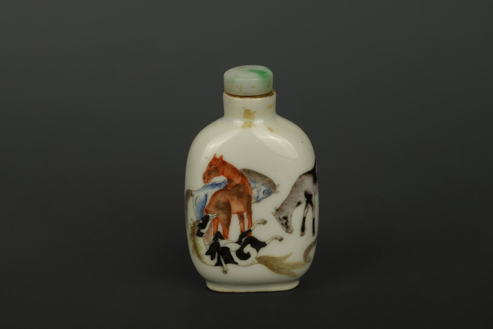 Famille Rose “8 Horses” Snuff Bottle, Daoguang Mark: Dimensions: 3" (7.5cm) H 清道光年制粉彩八骏图鼻烟壶