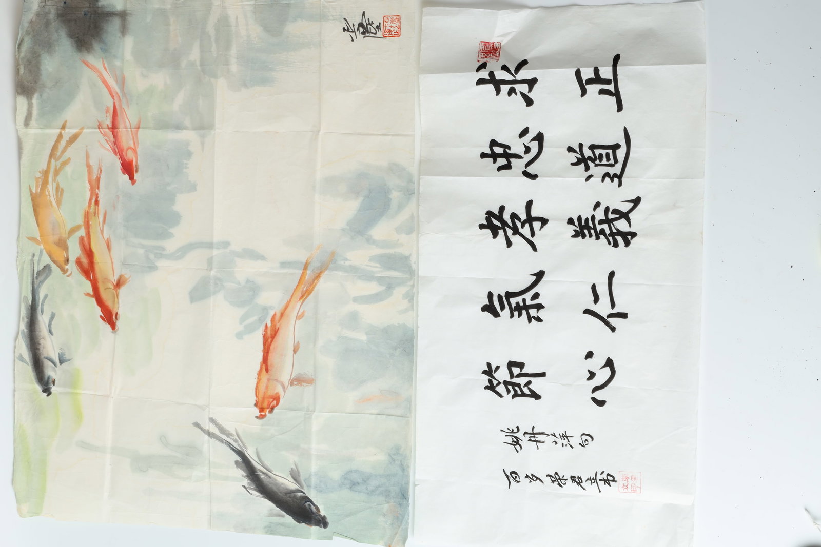 Painting and Calligraphy by Wang Yachen and His Wif: Dimensions: 9 2/3" (23cm) L, 17 2/3" (44cm) W;14 1/6" (36cm) L, 17 1/3" (43.9cm) W，汪亚尘（1894--1983），浙江杭州人，