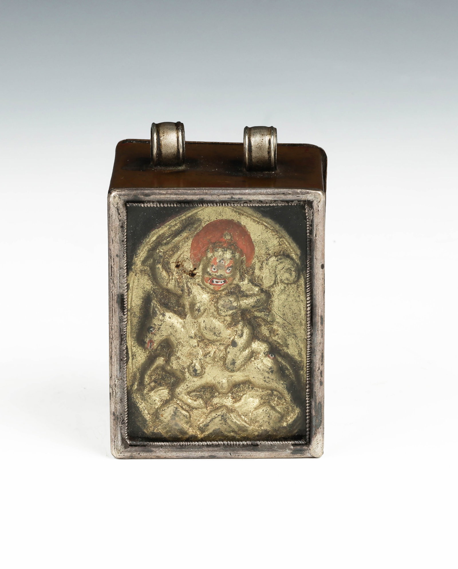 Silvered Copper Lhamo Shrine, Ga'u, Tibet: Dimensions: 1 1/2" (4cm) L, 2" (5cm) W,1 1/4 " (3cm) HProvenance: Ex E.J. Frankel, New York. 藏传佛龛挂牌#3