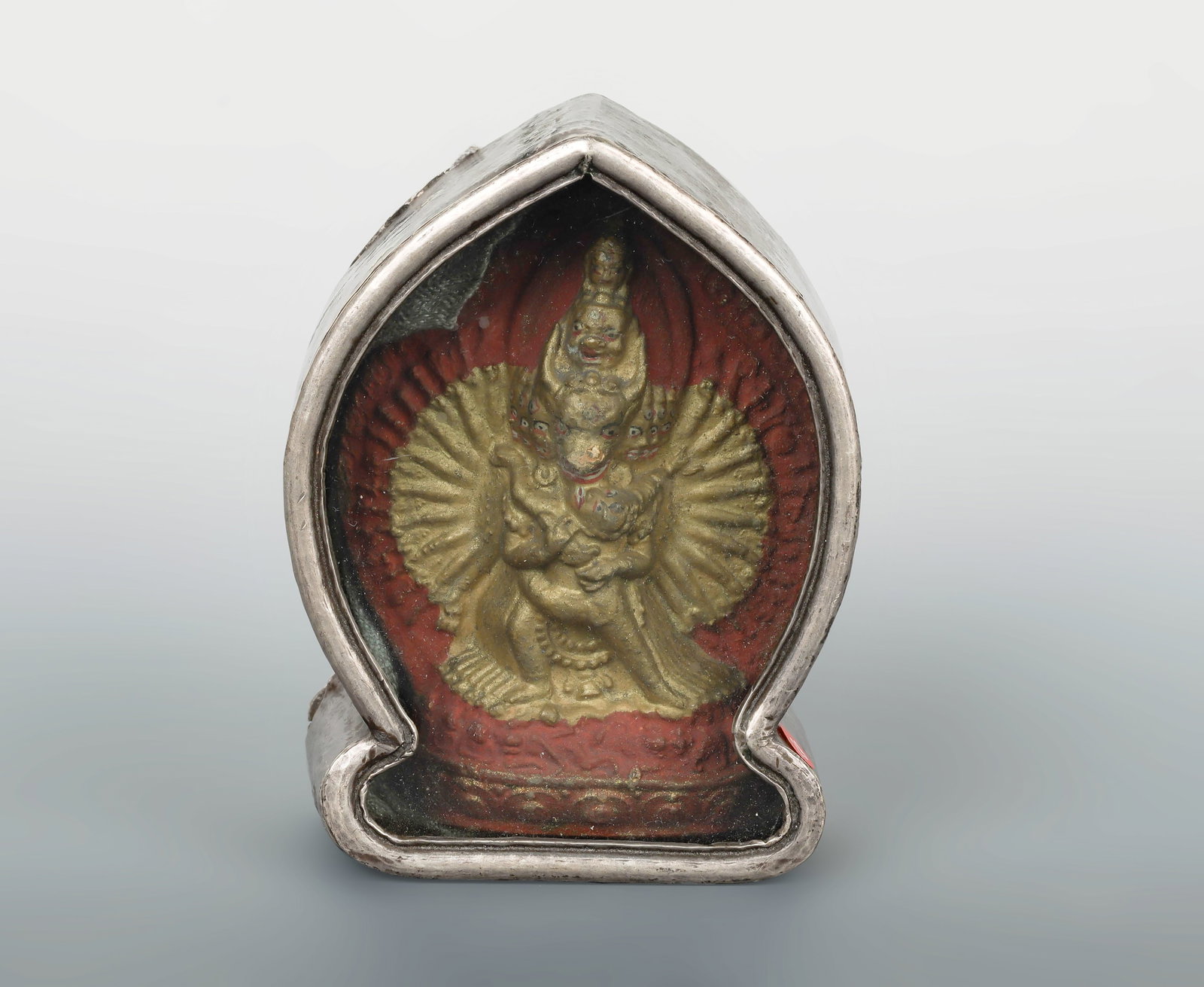 Copper Ga'u Travel Shrine of Vajrabhairava, Tibet, 18th century: Dimensions: 3" (7.5cm) L,1 1/2 " (4cm) W, 4" (10cm) HProvenance: Ex E.J. Frankel, New York.18世纪藏传神龛#2