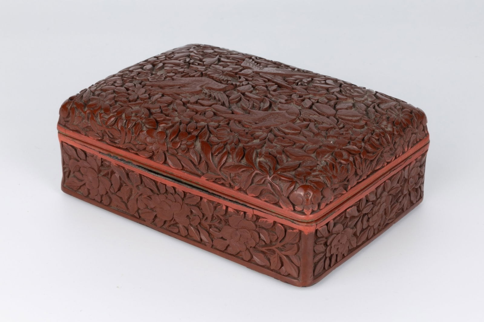 Red Cinnabar Lacquer Box Carved with Flower and Bird Patterns (1 of 9)