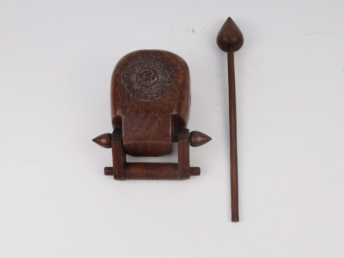 Jinsi Nanmu wooden fish with Buddha character carvings and wooden mallet (1 of 6)