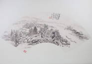 Jiang Yun&#65288;1847-1919&#65289;-Landscape Fan Painting, Ink on Paper, Framed in a Mirror &#65292;