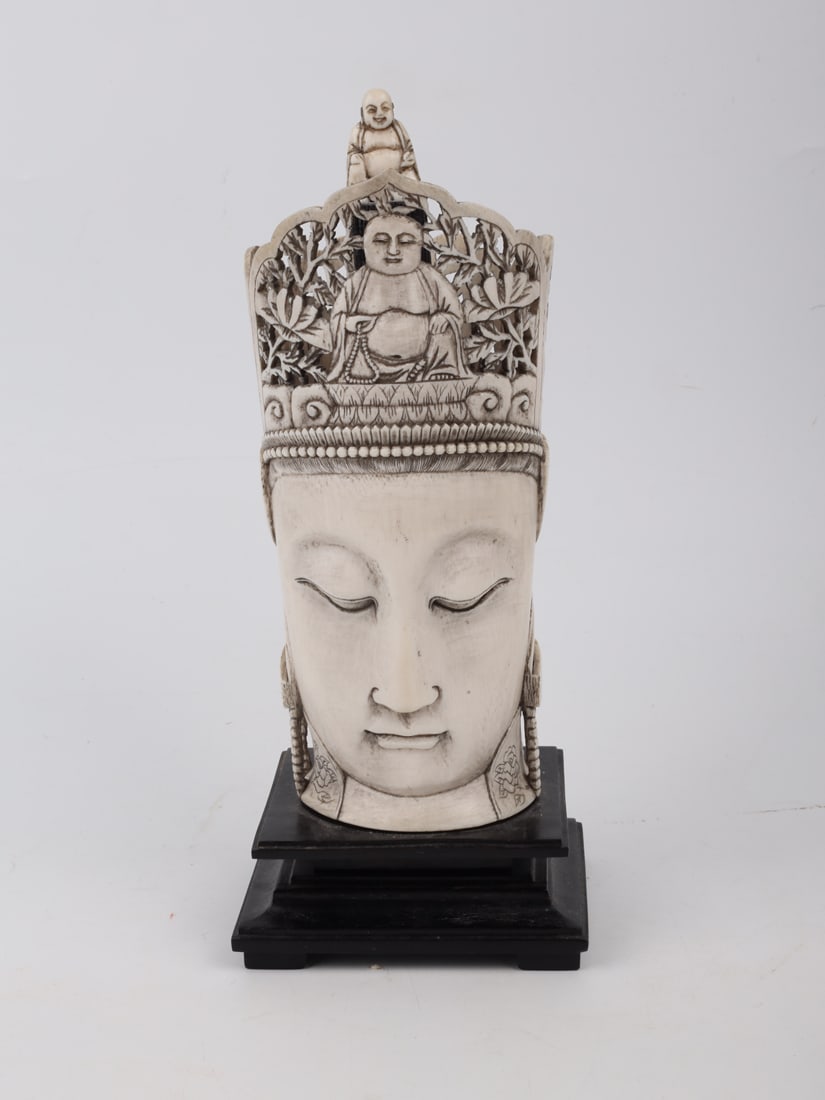 Bone Carved Buddha Head，20th Century: 20世纪制骨制佛头像 Dimensions:22.5cmH