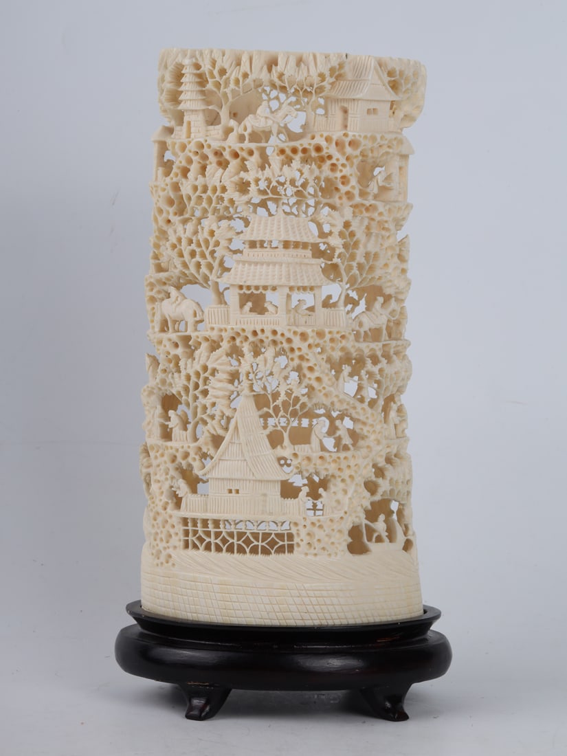 A Carved Bone Brush Pot with Figural and Pavilion Design，China, 20th century: 20世纪骨雕人物楼阁笔筒一件带底座Dimensions:26.8cmH带底座