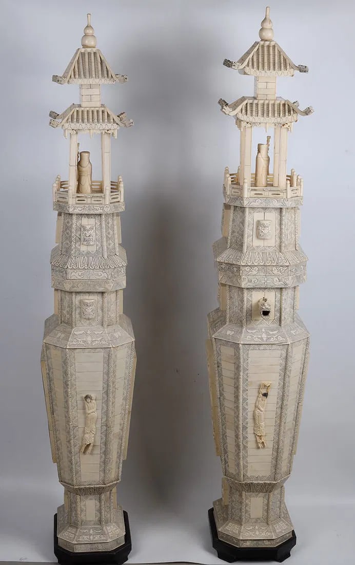A Pair of Carved Bone Yellow Crane Tower Figures China 20th Century: A Pair of Carved Bone Yellow Crane T&