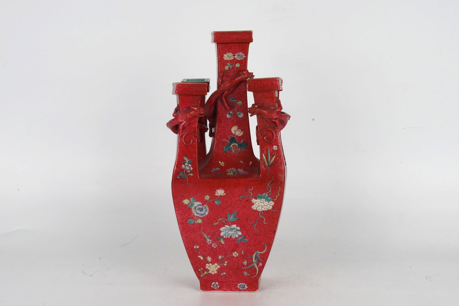 Coral Red Floral Five Tube Vase China 20th Century: Coral Red Floral Five Tube Vase Chin&